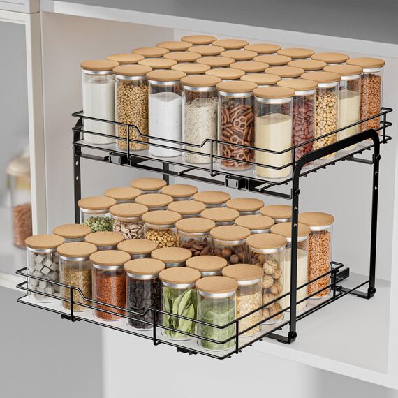 AIRUJIA Gewürzregal Ausziehbar, 2 Etagen Spülschrank Organizer, Gewürzregal Schrank, Spice Rack, Anhebbares Waschbecken Regal, Gewürz Organizerfür Für Küche, L27.2*B34.3*H24CM
