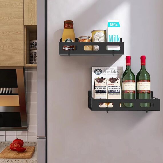 Luchs – 2er Set Magnetisches Regal für Kühlschrank aus Edelstahl, Hängeregal, Küchenregal, Gewürzregal, Kühlschrank Regal, Organizer inkl. 4 Haken (Schwarz (2 Größen))