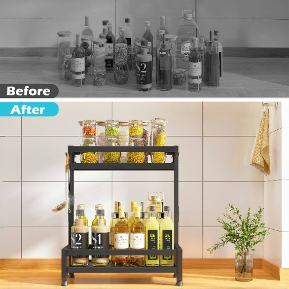 Mointal Stehend Arbeitsplatte Gewürzregal, 2-Stufig Küche Gewürz Aufbewahrung Organisator Stand, Küche Arbeitsplatte Regal, Eck Gewürzregal für Gewürze, Gewürzglashalter mit 4 Haken, Schwarz