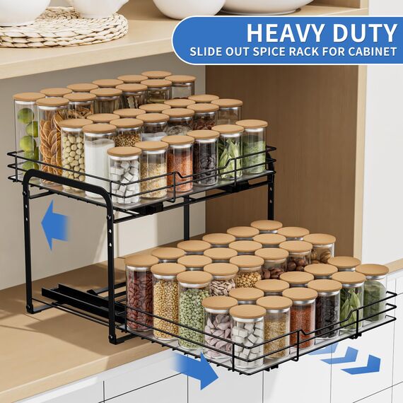 AIRUJIA Gewürzregal Ausziehbar, 2 Etagen Spülschrank Organizer, Gewürzregal Schrank, Spice Rack, Anhebbares Waschbecken Regal, Gewürz Organizerfür Für Küche, L27.2*B34.3*H24CM