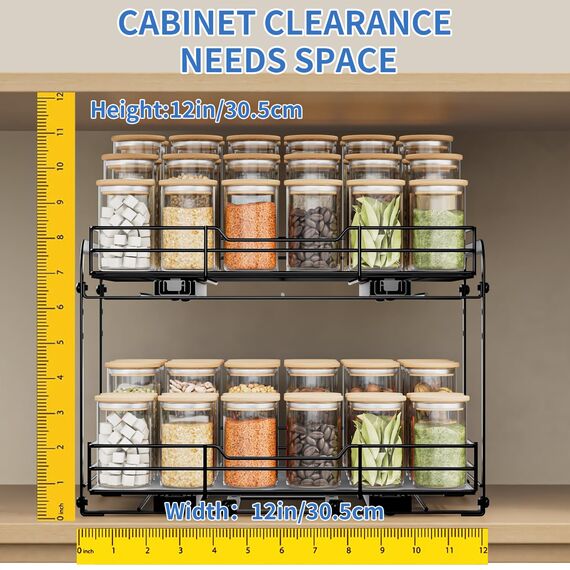 AIRUJIA Gewürzregal Ausziehbar, 2 Etagen Spülschrank Organizer, Gewürzregal Schrank, Spice Rack, Anhebbares Waschbecken Regal, Gewürz Organizerfür Für Küche, L27.2*B34.3*H24CM