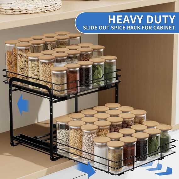 AIRUJIA Gewürzregal Ausziehbar, 2 Etagen Spülschrank Organizer, Gewürzregal Schrank, Spice Rack, Anhebbares Waschbecken Regal, Gewürz Organizerfür Für Küche, L27.2*B29.3*H24CM