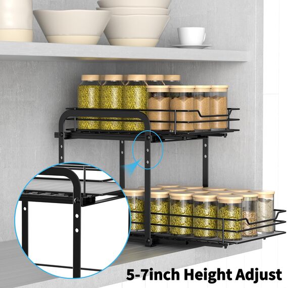 AIRUJIA Gewürzregal Ausziehbar, 2 Etagen Spülschrank Organizer, Gewürzregal Schrank, Spice Rack, Anhebbares Waschbecken Regal, Gewürz Organizerfür Für Küche, L26.4*B18.2*H23CM