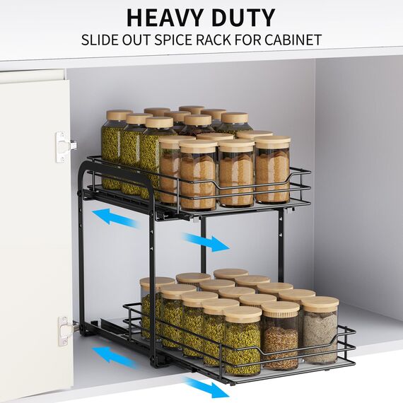 AIRUJIA Gewürzregal Ausziehbar, 2 Etagen Spülschrank Organizer, Gewürzregal Schrank, Spice Rack, Anhebbares Waschbecken Regal, Gewürz Organizerfür Für Küche, L26.4*B18.2*H23CM