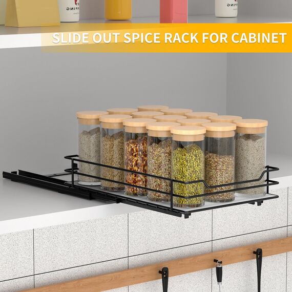 AIRUJIA Gewürzregal Ausziehbar, Spülschrank Organizer, Gewürzregal Schrank, Spice Rack, Anhebbares Waschbecken Regal, Gewürz Organizerfür Für Küche, L26.4*B17.2*H5.6CM