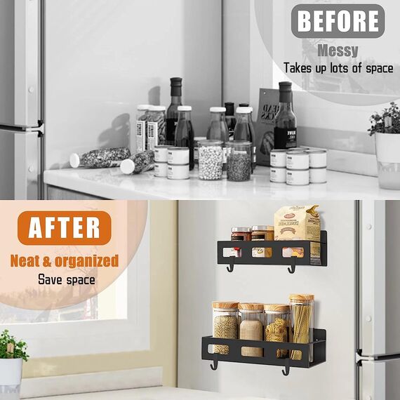 Luchs – 2er Set Magnetisches Regal für Kühlschrank aus Edelstahl, Hängeregal, Küchenregal, Gewürzregal, Kühlschrank Regal, Organizer inkl. 4 Haken (Schwarz (2 Größen))