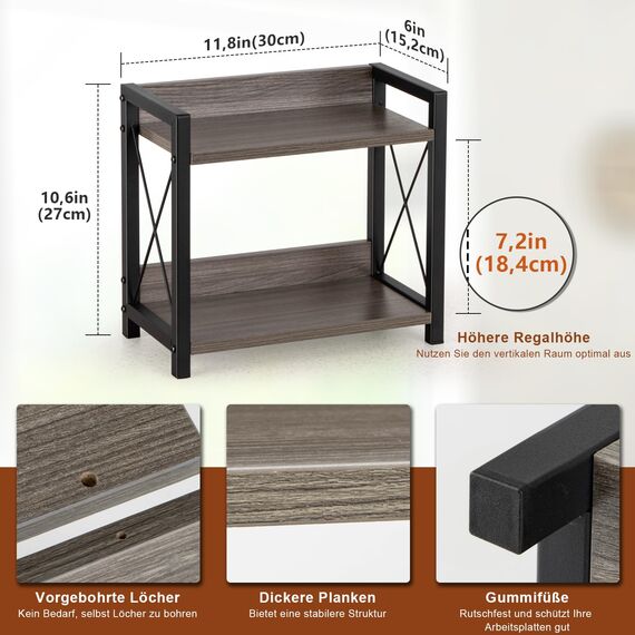 ANBOXIT Regal Küche Arbeitsplatte, Küchenregal Klein, Holz Kaffee Organizer, 2 Tier Kleines Regal für Küche Ecke, Büro, Badezimmer - Grau