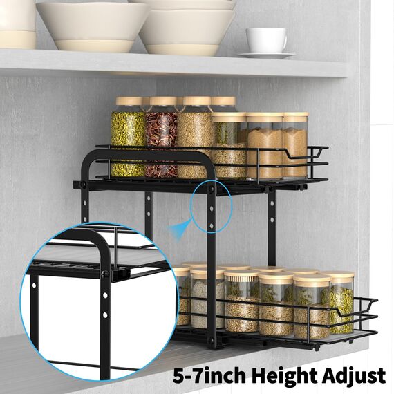 AIRUJIA Gewürzregal Ausziehbar, 2 Etagen Spülschrank Organizer, Gewürzregal Schrank, Spice Rack, Anhebbares Waschbecken Regal, Gewürz Organizerfür Für Küche, L26.4*B12.6*H23.3CM