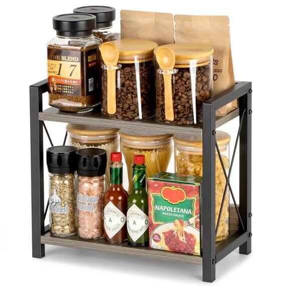 ANBOXIT Regal Küche Arbeitsplatte, Küchenregal Klein, Holz Kaffee Organizer, 2 Tier Kleines Regal für Küche Ecke, Büro, Badezimmer - Grau