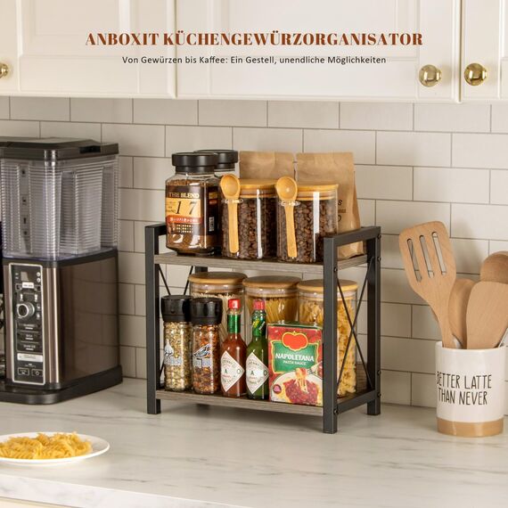 ANBOXIT Regal Küche Arbeitsplatte, Küchenregal Klein, Holz Kaffee Organizer, 2 Tier Kleines Regal für Küche Ecke, Büro, Badezimmer - Grau