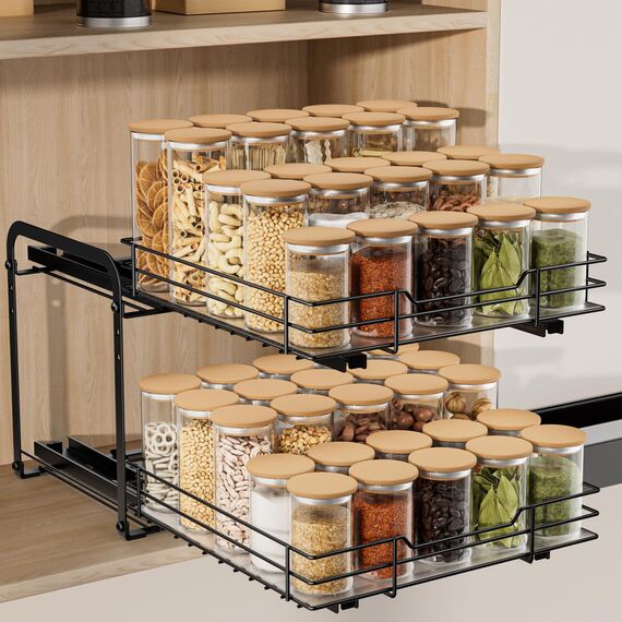 AIRUJIA Gewürzregal Ausziehbar, 2 Etagen Spülschrank Organizer, Gewürzregal Schrank, Spice Rack, Anhebbares Waschbecken Regal, Gewürz Organizerfür Für Küche, L27.2*B29.3*H24CM