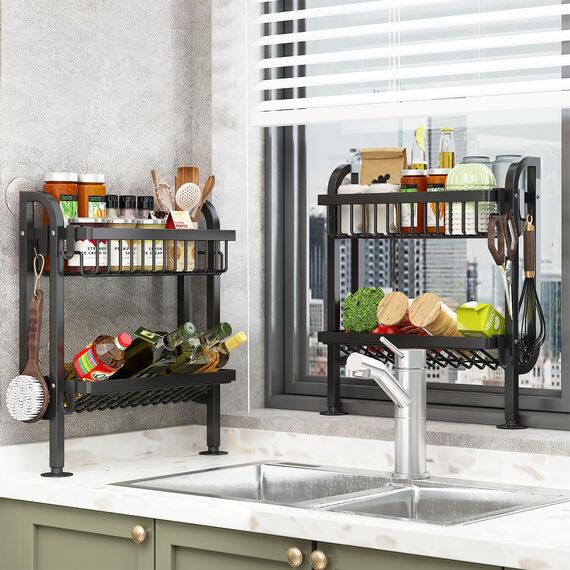 Mointal Gewürzregal für Arbeitsplatte, 2-stöckiges Standregal mit Wandstütze & Saugnäpfen, Küchenorganizer Ohne Bohren, Schwarz