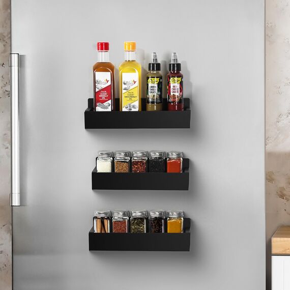 Winter Shore Kühlschrank Regal Magnetisch [4 Stück] - Starke Schwarze Magnetische Gewürzregale mit Haken für Kühlschrank & Mikrowelle - Platzsparende Magnetische Regale zur Gewürzaufbewahrung