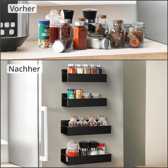 Winter Shore Kühlschrank Regal Magnetisch [4 Stück] - Starke Schwarze Magnetische Gewürzregale mit Haken für Kühlschrank & Mikrowelle - Platzsparende Magnetische Regale zur Gewürzaufbewahrung