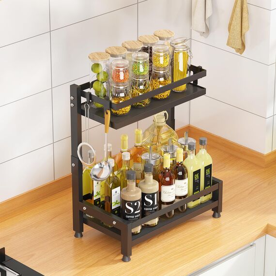 Mointal Stehend Arbeitsplatte Gewürzregal, 2-Stufig Küche Gewürz Aufbewahrung Organisator Stand, Küche Arbeitsplatte Regal, Eck Gewürzregal für Gewürze, Gewürzglashalter mit 4 Haken, Schwarz