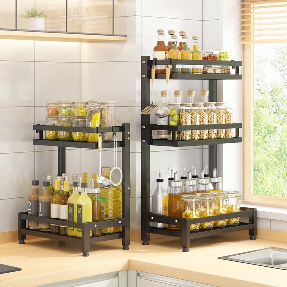 Mointal Stehend Arbeitsplatte Gewürzregal, 2-Stufig Küche Gewürz Aufbewahrung Organisator Stand, Küche Arbeitsplatte Regal, Eck Gewürzregal für Gewürze, Gewürzglashalter mit 4 Haken, Schwarz