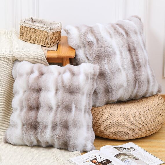 Madizz 2er Set Sanft Plüsch Kurze Wolle Samt Dekorativ Zierkissenbezüge Luxus Stil Kissenbezug für Sofa für Schlafzimmer Weiß Taupe 65x65 cm