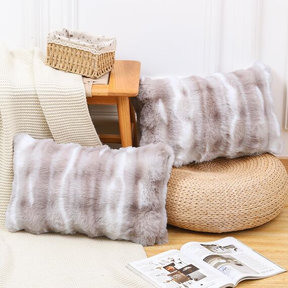 Madizz 2er Set Sanft Plüsch Kurze Wolle Samt Dekorativ Zierkissenbezüge Luxus Stil Kissenbezug für Sofa für Schlafzimmer Weiß Taupe 40x60 cm