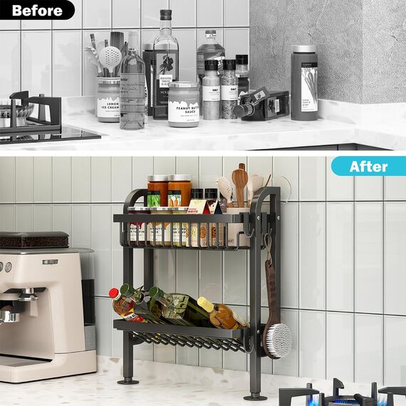 Mointal Gewürzregal für Arbeitsplatte, 2-stöckiges Standregal mit Wandstütze & Saugnäpfen, Küchenorganizer Ohne Bohren, Schwarz