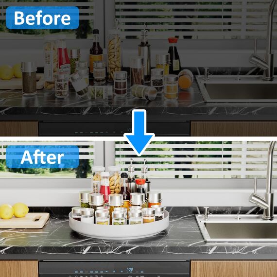 Ovicar Lazy Susan Schrank-Organizer – 33 cm Metall-Drehteller Lazy Susan für Küche, Gewürzregal, Speisekammer, Schrank, Badezimmer, Arbeitsplatte, Kühlschrank, Tisch, Aufbewahrung, Weiß