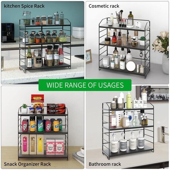 AIRUJIA Gewürzregal aus Metall, 3 Ebenen verstellbares Küchenregal, Schreibtisch Organizer Geeignet für in Küche, Bad und Schlafzimmer, Küchenregal Stehend Aufbewahrung Badezimmer Schwarz