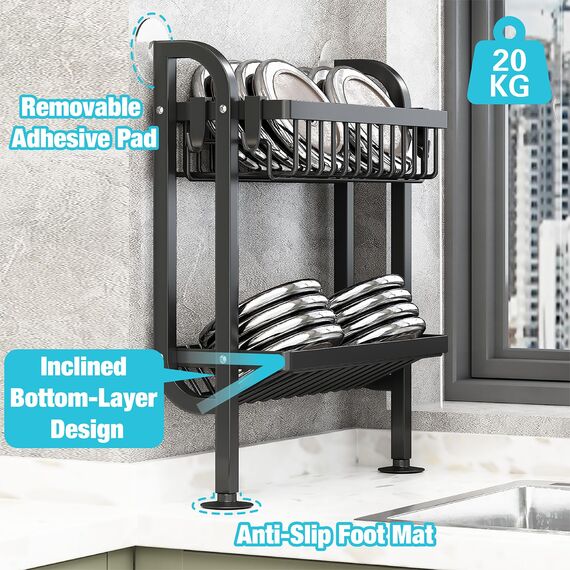 Mointal Gewürzregal für Arbeitsplatte, 2-stöckiges Standregal mit Wandstütze & Saugnäpfen, Küchenorganizer Ohne Bohren, Schwarz