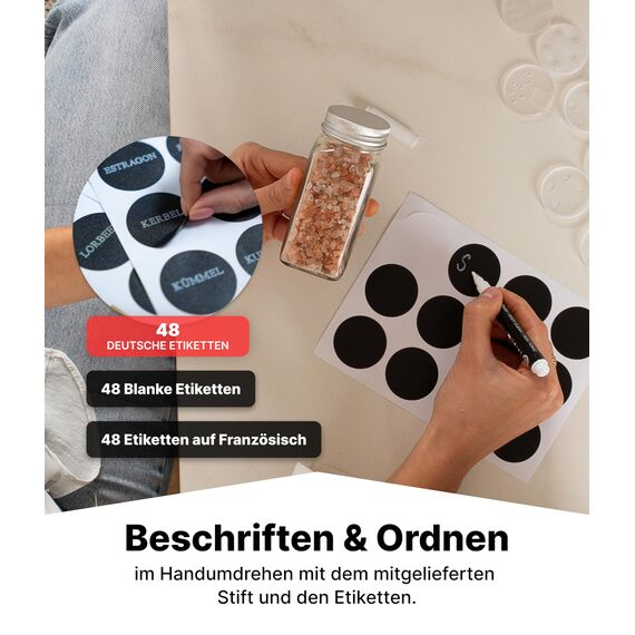 Deco haus® Gewürzregal mit Gewürzgläser - 3 stufiges Metall Regal - Küchen Organizer Set, Gewürzregal Stehend mit 24 Gewürzdosen, 48 Etiketten, Pinsel, Trichter - Stehend & hängend verwendbar