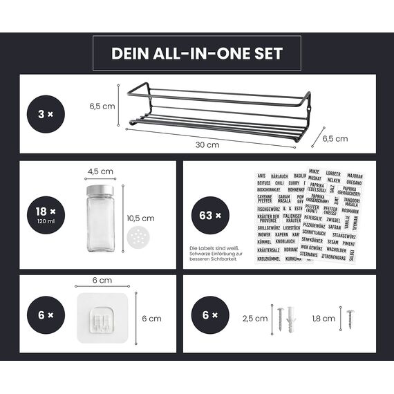 DEKOFY® Gewürzregal Mit 18 Gläsern - Zum Aufhängen für Wand & Schranktür - Ohne Bohren - Hängend, Gewürz Organizer
