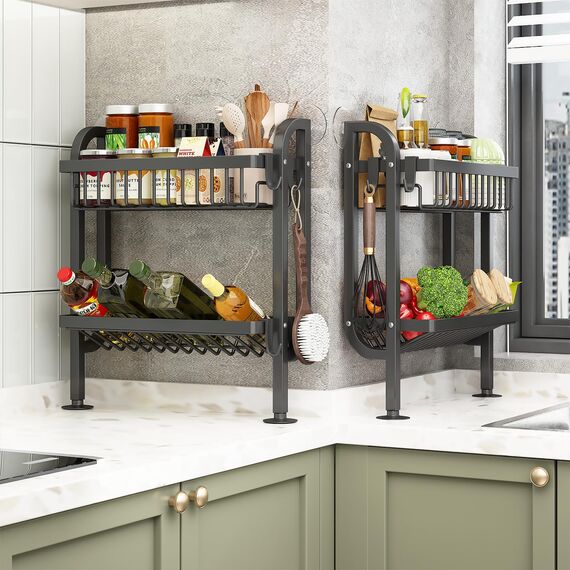 Mointal Gewürzregal für Arbeitsplatte, 2-stöckiges Standregal mit Wandstütze & Saugnäpfen, Küchenorganizer Ohne Bohren, Schwarz