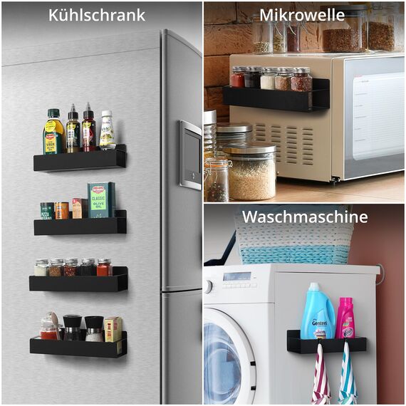 Winter Shore Kühlschrank Regal Magnetisch [4 Stück] - Starke Schwarze Magnetische Gewürzregale mit Haken für Kühlschrank & Mikrowelle - Platzsparende Magnetische Regale zur Gewürzaufbewahrung