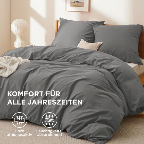 BEDSURE Bettwäsche 200x200 Baumwolle Grau - Bettwäsche-Sets 200 x 200 cm Bettbezug 3teilig mit 2 Kissenbezüge 80x80 cm, Oeko-TEX Bedding Anthrazit mit Reißverschluss