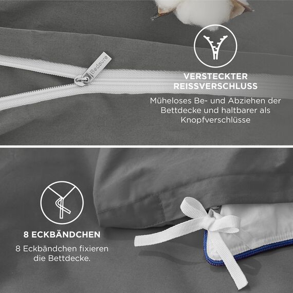 BEDSURE Bettwäsche 200x200 Baumwolle Grau - Bettwäsche-Sets 200 x 200 cm Bettbezug 3teilig mit 2 Kissenbezüge 80x80 cm, Oeko-TEX Bedding Anthrazit mit Reißverschluss