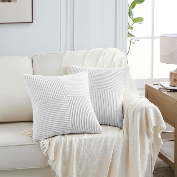 FDTERN 2er Set Reines Weiß Kordsamt Kissenbezug 30x30CM Weich Moderne Dekorative Kissenbezüge Kissenhülle Dekokissenbezug Sofakissen Dekokissen Boho Deko für Sofa Schlafzimmer Wohnzimmer Balkon