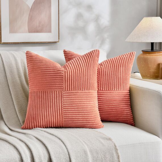 FDTERN 2er Set Korallenrot Kordsamt Kissenbezug 40x40CM Weich Moderne Dekorative Kissenbezüge Kissenhülle Dekokissenbezug Sofakissen Dekokissen Boho Deko für Sofa Schlafzimmer Wohnzimmer Balkon