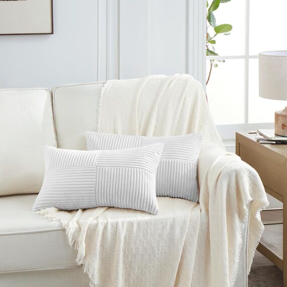 FDTERN 2er Set Reines Weiß Kordsamt Kissenbezug 30x50CM Weich Moderne Dekorative Kissenbezüge Kissenhülle Dekokissenbezug Sofakissen Dekokissen Boho Deko für Sofa Schlafzimmer Wohnzimmer Balkon