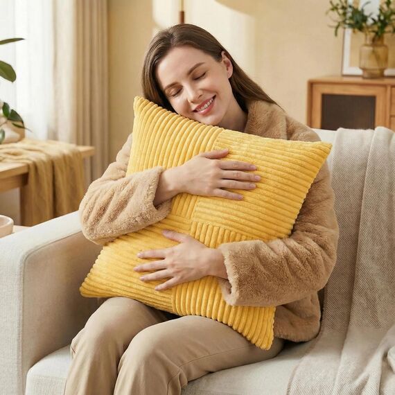 FDTERN 2er Set Hellgelb Kordsamt Kissenbezug 55x55CM Weich Moderne Dekorative Kissenbezüge Kissenhülle Dekokissenbezug Sofakissen Dekokissen Boho Herbst Deko für Sofa Schlafzimmer Wohnzimmer Bett