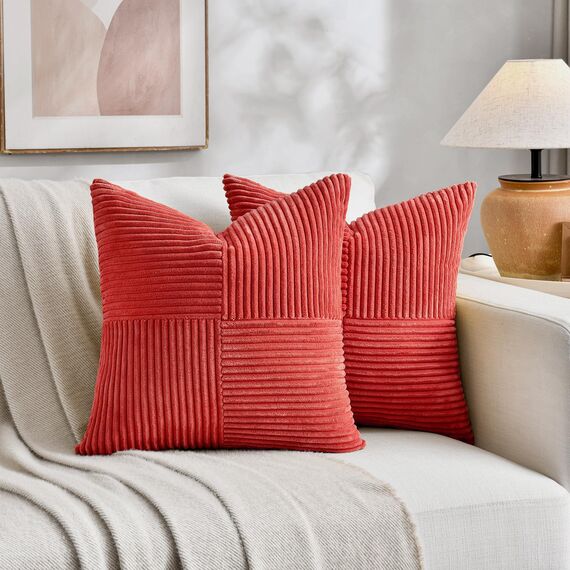 FDTERN 2er Set Rot Kordsamt Kissenbezug 50x50 Weich Dekorative Kissenbezüge Kissenhülle Dekokissenbezug Sofakissen Dekokissen Boho Deko für Sofa Schlafzimmer Wohnzimmer