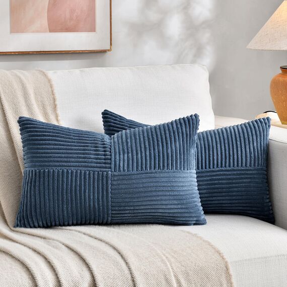 FDTERN 2er Set Denim Blau Kordsamt Kissenbezug 30x60CM Weich Moderne Dekorative Kissenbezüge Kissenhülle Dekokissenbezug Sofakissen Dekokissen Boho Deko für Sofa Schlafzimmer Wohnzimmer Balkon