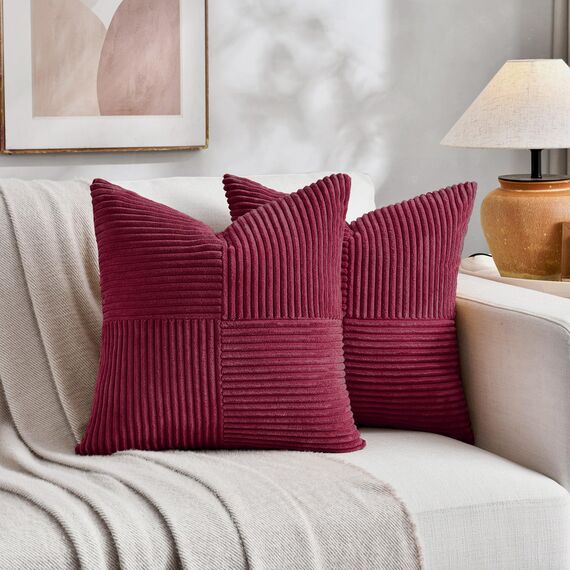 FDTERN 2er Set Weinrot Kordsamt Kissenbezug 60x60 Weich Dekorative Kissenbezüge Kissenhülle Dekokissenbezug Sofakissen Dekokissen Boho Deko für Sofa Schlafzimmer Wohnzimmer Bett
