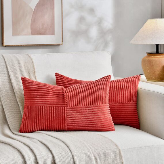 FDTERN 2er Set Rot Kordsamt Kissenbezug 30x60 Weich Dekorative Kissenbezüge Kissenhülle Dekokissenbezug Sofakissen Dekokissen Boho Deko für Sofa Schlafzimmer Wohnzimmer