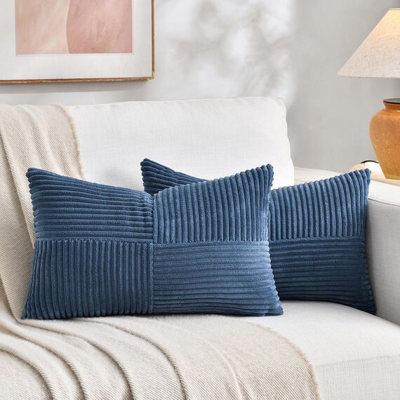 FDTERN 2er Set Denim Blau Kordsamt Kissenbezug 40x70 Weich Moderne Dekorative Kissenbezüge Kissenhülle Dekokissenbezug Sofakissen Dekokissen Boho Deko für Sofa Schlafzimmer Wohnzimmer Bett