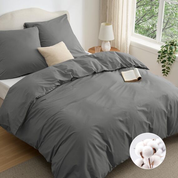 BEDSURE Bettwäsche 155x220 Baumwolle Grau - Bettwäsche-Sets 155 x 220 cm Bettbezug 3teilig mit 2 Kissenbezüge 80x80 cm, Oeko-TEX Bedding Anthrazit mit Reißverschluss