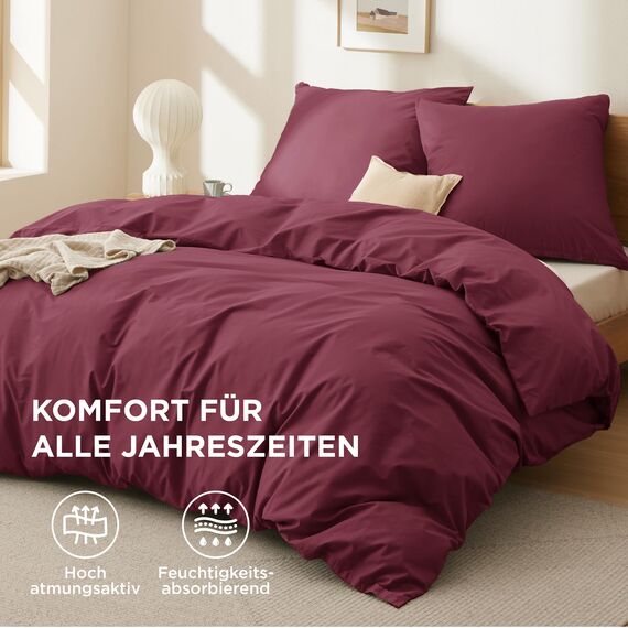 BEDSURE Bettwäsche 155x220 Baumwolle Weinrot - Bettwäsche-Sets 155 x 220 cm Bettbezug 3teilig mit 2 Kissenbezüge 80x80 cm, Oeko-TEX Bedding Rot mit Reißverschluss