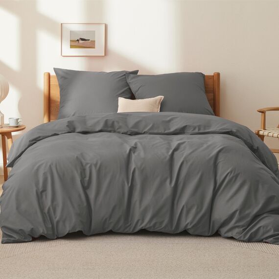 BEDSURE Bettwäsche 155x220 Baumwolle Grau - Bettwäsche-Sets 155 x 220 cm Bettbezug 3teilig mit 2 Kissenbezüge 80x80 cm, Oeko-TEX Bedding Anthrazit mit Reißverschluss