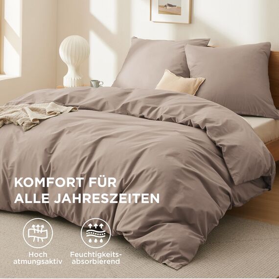 BEDSURE Bettwäsche 155x220 Baumwolle Khaki - Bettwäsche-Sets 155 x 220 cm Bettbezug 3teilig mit 2 Kissenbezüge 80x80 cm, Oeko-TEX Bedding Taupe mit Reißverschluss