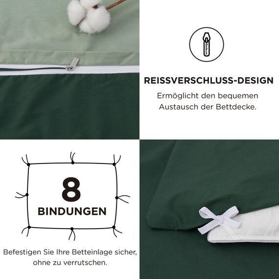 BEDSURE Bettwäsche 200x200 Salbeigrün Dunkelgrün - Baumwolle Bettwäsche-Sets 200 x 200 cm Wendebettwäsche 3teilig mit 2 Kissenbezüge 80x80 cm, Oeko-TEX Zweifarbiger Bettbezug mit Reißverschluss