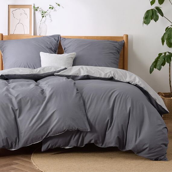 BEDSURE Bettwäsche 135x200 Baumwolle 4teilig - Bettwäsche-Sets Anthrazit Grau Wendebettwäsche 2er Set mit 2 Kissenbezüge 80x80 cm, Oeko-TEX Zweifarbiger Bettbezug mit Reißverschluss