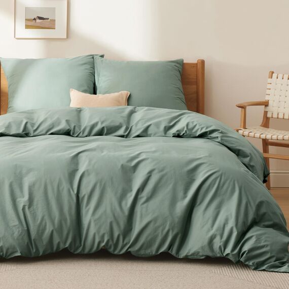 BEDSURE Bettwäsche 155x220 Baumwolle Grün - Bettwäsche-Sets 155 x 220 cm Bettbezug 3teilig mit 2 Kissenbezüge 80x80 cm, Oeko-TEX Bedding Salbeigrün mit Reißverschluss