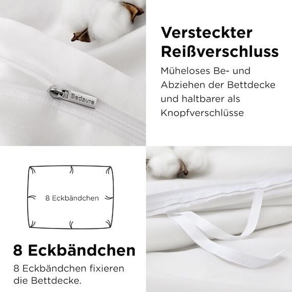 BEDSURE Bettwäsche 155x220 Baumwolle Weiß - Bettwäsche-Sets 155 x 220 cm Bettbezug 3teilig mit 2 Kissenbezüge 80x80 cm, Oeko-TEX Bedding mit Reißverschluss