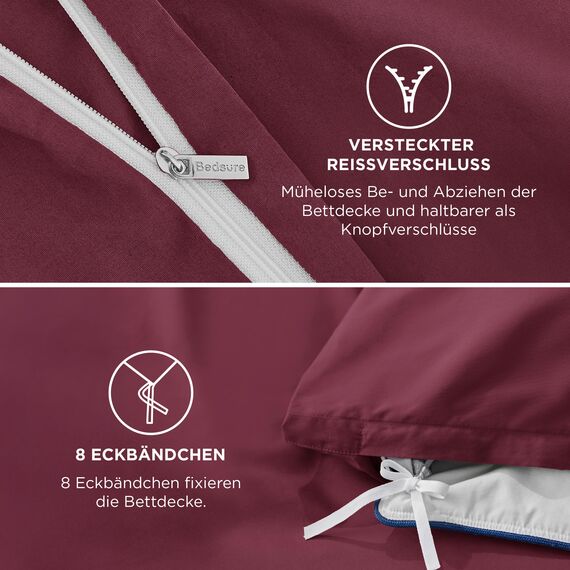 BEDSURE Bettwäsche 135x200 Baumwolle 4teilig - Bettwäsche-Sets Weinrot Bettbezug 2er Set mit 2 Kissenbezüge 80x80 cm, Oeko-TEX Bedding Rot mit Reißverschluss